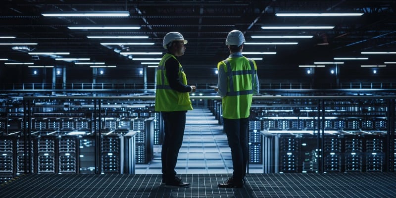 Two people wearing hardhats and safety vests stand on a platform overlooking a dimly lit data center