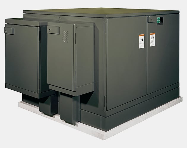 left side profile of a P M H pad mounted gear for outdoor distribution, 14.4 kV and 25 kV with roof and doors closed PMH pad-mounted gear